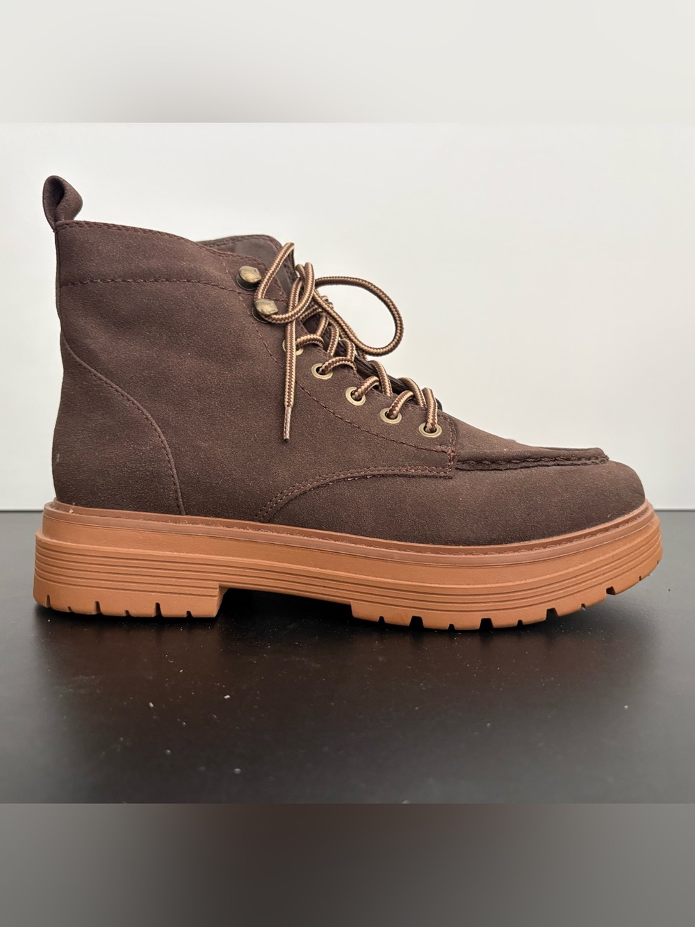 Limelight Brown Suede Combat Lace Up Boot with Tan Chunky Sole